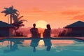 swimming vacation honeymoon pool back sunset travel romantic relax couple. Generative AI.