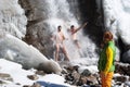Swimming in winter waterfall Royalty Free Stock Photo