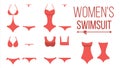 Swimsuit Design Set Vector. Fashion Bikini. Summer Beach Clothing Underwear. Female Stylish Swimwear Silhouettes