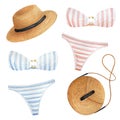 Swimsuit, panties, bra, straw bag and hat - beach set isolated on a white background. Cute summer illustration drawn on paper. Royalty Free Stock Photo