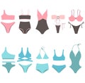 Swimsuit types flat illustration, women swimming suits, bikini flat illustration, bikini set, swimwear set