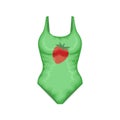 Swimsuit. Women s closed swimsuit in green with a strawberry. Women s beach accessory. Bathing clothes. Vector