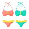 Swimsuits isolated on a white background. Colored swimwears with stripes. Vector illustration. Great for summer design.