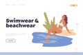 Swimwear and beachwear concept for landing page with happy woman rest on pond lake or river bank