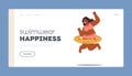 Swimwear Happiness Landing Page Template. Plump Woman Jumps Into Water with Inflatable Ring, Vector Illustration