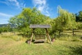 Swing bench in a lush garden Royalty Free Stock Photo