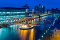 The swing bridge at Salford Quays links MediaCityUK with Trafford Wharf on the southern bank of the Manchester ship canal Royalty Free Stock Photo