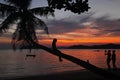 Swing or cradle hang on the coconut tree shadow beautiful sunset women girl take photo with family at koh Mak Island beach T