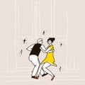 Swing dance couple of man in vest and woman in short yellow dress. Fast lindy hop or shag music. Beige ballroom interior Royalty Free Stock Photo
