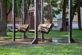 The swing is empty in the park in the summer in Saratov in the square named after Radishchev overlooking Teatralnaya Square, a