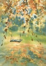 A swing in the garden in autumn watercolor background