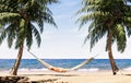 Swing hammock chair and palm tree on beautiful tropical sand beach. Summer vacation concept background.