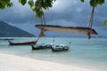 Swing hang from tree over tropical beach and sky background