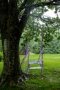 The swing is hanging from a tree branch. Swings with purple ribbons.Old wooden vintage garden swing Royalty Free Stock Photo