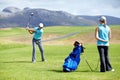 Swing, man or golfer playing golf for fitness, workout or exercise to drive on a green course. Woman, person golfing or Royalty Free Stock Photo