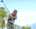 Swing, old man or golfer playing golf for fitness, workout or stroke exercise on a course in retirement. Mature, golfing Royalty Free Stock Photo