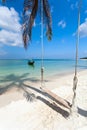 Swing, palm tree shadow, boat, beach Royalty Free Stock Photo