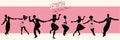 Swing Party Time: Silhouettes of four young couple wearing retro clothes dancing swing or lindy hop