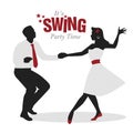 Swing Party Time: Silhouettes of young couple wearing retro clothes dancing swing or lindy hop Royalty Free Stock Photo