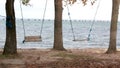 Swing in a recreation park and a view from the shore to a low-water bridge from the Sedanka station to the De Friz peninsula throu