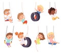 Swing rides. Gymnastic exercise of childrens on rope amusement attraction happy kids vector set