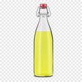 Swing top glass bottle filled with liquid, vector illustration. Clear swingtop bottle with stopper on transparent background