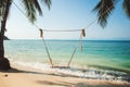 Swing on a tropical beach, beautiful summer landscape. Beach with palm trees and blue sea Royalty Free Stock Photo