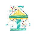 Swinging carousel with chairs decorated with bunting flags. Amusement park. Funfair attraction. Flat vector icon