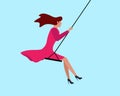 Swinging cute woman in pink dress. Happy beautiful girl relaxing and riding on swing. Female self care and slow life