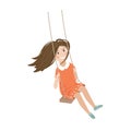 Swinging kid. Happy smiling girl with flying in the wind hair on a swing. Vector isolated cartoon illustration. Royalty Free Stock Photo