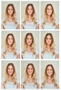 Swinging through the moods. Composite shot of a young woman making various facial expressions in studio. Royalty Free Stock Photo