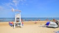 Swinoujscie, Poland. 15 August 2023. Lifeguards with rescue tower on the beach of the Baltic Sea