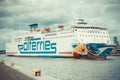 Swinoujscie, West Pomeranian - Poland - July 15, 2022: Passengers and cars ferry Mazovia sailing from Ystad to Swinoujscie.