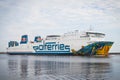 Swinoujscie, West Pomeranian - Poland - June 09, 2022: Cracovia ferry from Ystad entering to port of Swinoujscie. Transport Royalty Free Stock Photo