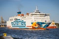 Swinoujscie, West Pomeranian - Poland - June 11, 2023: Mazovia ferry from Ystad entering to port of Swinoujscie. Transport