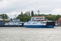 Swinoujscie, West Pomeranian - Poland - June 13, 2021: View on Bielik IV ferry. Ferry crossing over river Swina