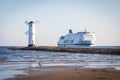 Swinoujscie, West Pomeranian - Poland - June 14, 2021: Ferry Polonia entering to port of Swinoujscie at sunrise. Transport Royalty Free Stock Photo