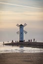 Swinoujscie, West Pomeranian - Poland - June 14, 2021: View at sunset on windmill Stawa MÃâyny as navigational mark