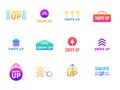 Swipe arrows. Scroll buttons variations. Blog story interface colorful elements. Drag on site. Touchscreen sliding up. Social