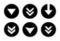 Swipe down arrow button icon set on black circle. Scroll button vector