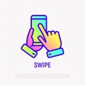 Swipe by hand on mobile phone thin line icon