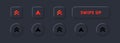 Swipe up, arrow up buttons. Text swipe up. Social media concept. User interface elements for mobile app. Dark theme. Neumorphism