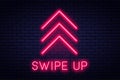 Swipe up, button for social media. Neon style arrow, button and web icon for advertising and marketing