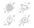 Swipe up, Heart and Globe icons set. Text message sign. Scrolling page, Love rating, Internet world. Vector