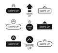 Swipe up icon. Arrows with buttons. Slide in story. Logos for scroll and drag in social media app. UI for action in internet.