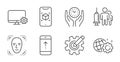 Swipe up, Medical vaccination and Cogwheel icons set. Safe time, Augmented reality and Monitor settings signs. Vector