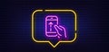 Swipe up phone line icon. Scrolling arrow sign. Landing page scroll. Neon light speech bubble. Vector Royalty Free Stock Photo