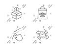 Swipe up, Post package and Online buying icons set. Timer sign. Touch down, Postbox, Shopping cart. Stopwatch. Vector
