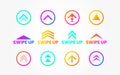 Swipe up set on white backdrop. Icons for social media or application. Colorful buttons collection. Color arrows and