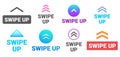 Swipe up. Social media story post button, up arrow icon and swipe action pictogram vector Illustration set